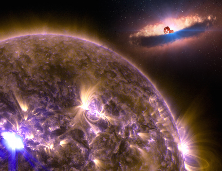Depiction of the solar-stellar connection: composite image of the Sun with an artist's rendering of a young star interacting with its disk in the background.