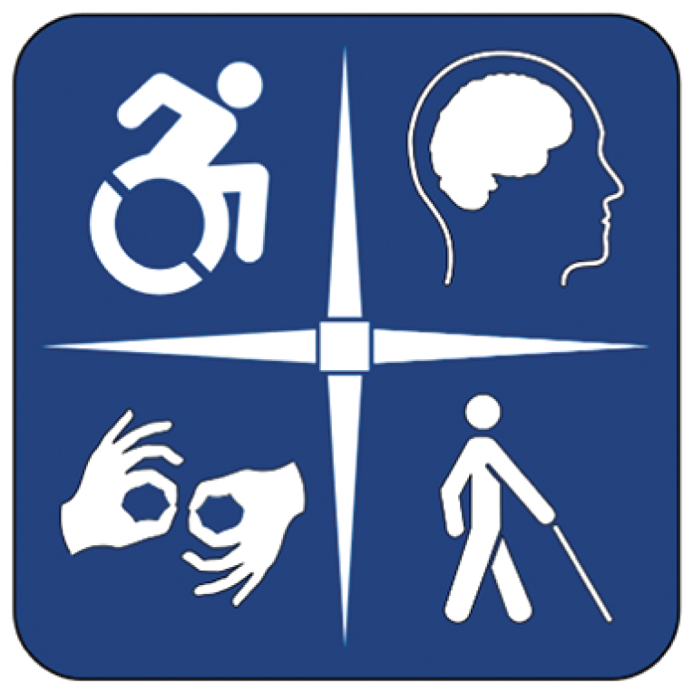 A blue rectangle divided into four panels by a white four-pointed star. The upper left panel has a white accessible icon; a person in a wheelchair depicted as moving forward. The upper right panel has in white the outline of a person's head with a filled-in brain shape. The lower left panel has in white two hands signing to indicate ASL interpretation. The bottom right panel has in white a person walking with a long cane.
